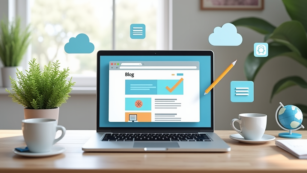 A modern laptop on a cozy home desk, open to a fresh blog post interface, with coffee and a simple plant nearby. Blogging icons hover on the background wall.